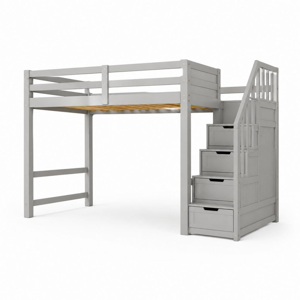 Lit mezzanine pour enfants 90 × 200 cm en pin massif gris et naturel avec échelle conteneur et 4 tiroirs, 247 × 97 × 180 cm