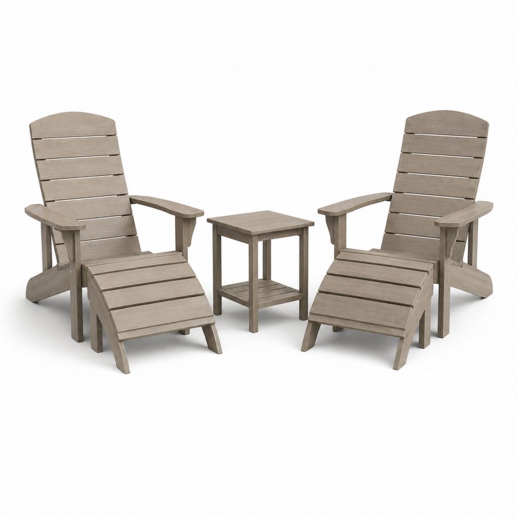 Ensemble de jardin 5 pièces en plastique gris taupe avec 2 chaises Adirondack 74 × 91 × 103 cm, 2 repose-pieds 52 × 52 × 35 cm et table basse 38 × 38 × 46 cm