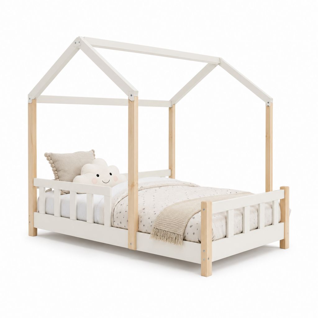 Lit simple pour enfants en bois blanc et naturel avec berges antichute, pour matelas 90 × 190 cm, 198 × 98 × 175 cm