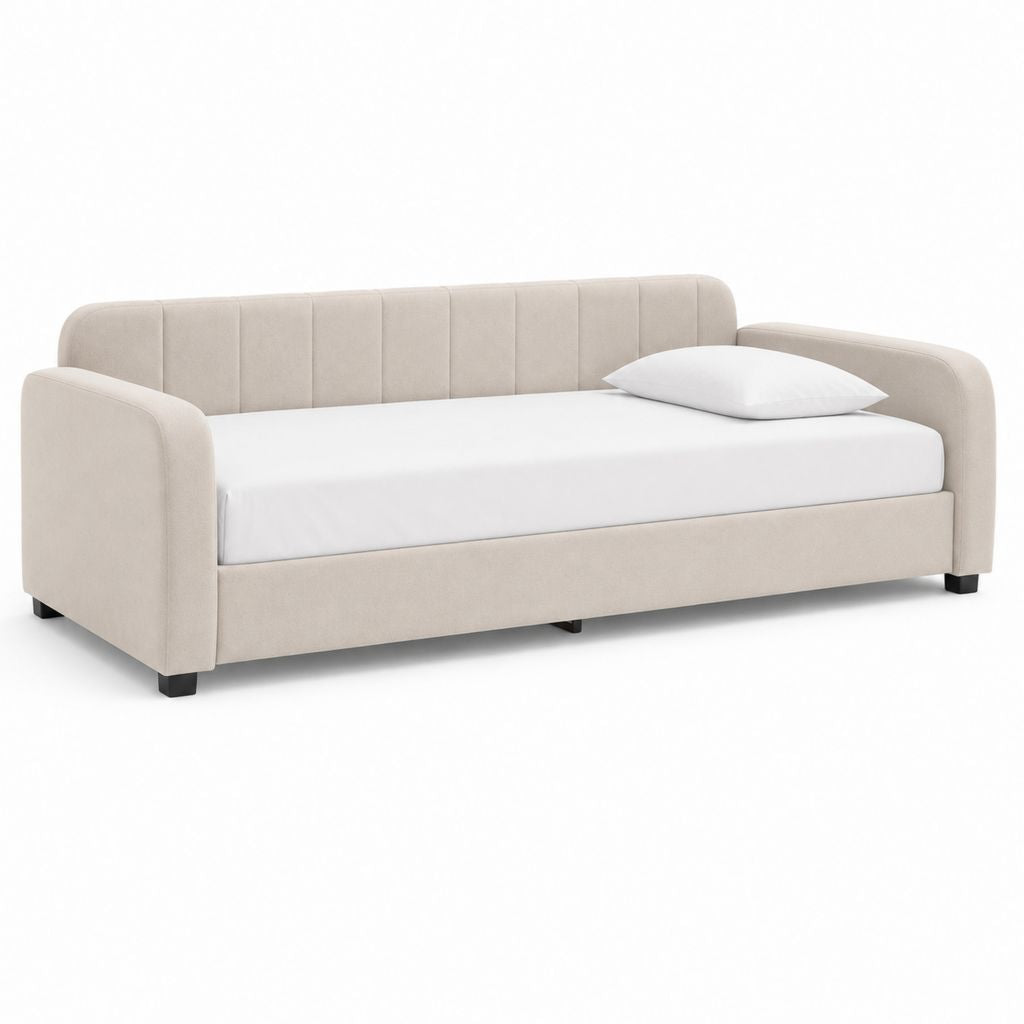 Canapé lit simple rembourré beige et noir 90 × 200 cm en tissu avec filet à lattes
