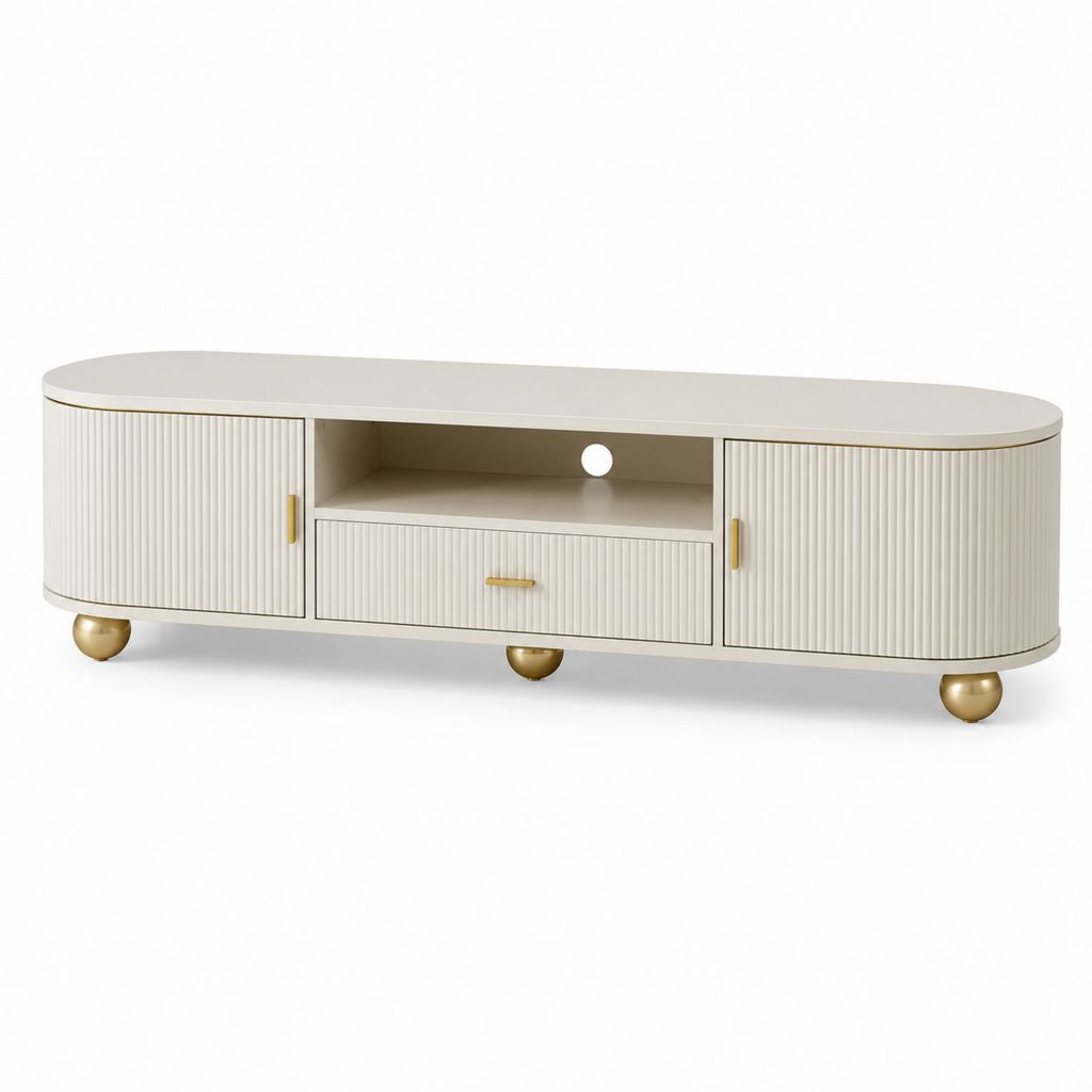 Mobile TV en MDF crème et or avec 2 portes, tiroir et compartiment ouvert, 160 × 40 × 55 cm