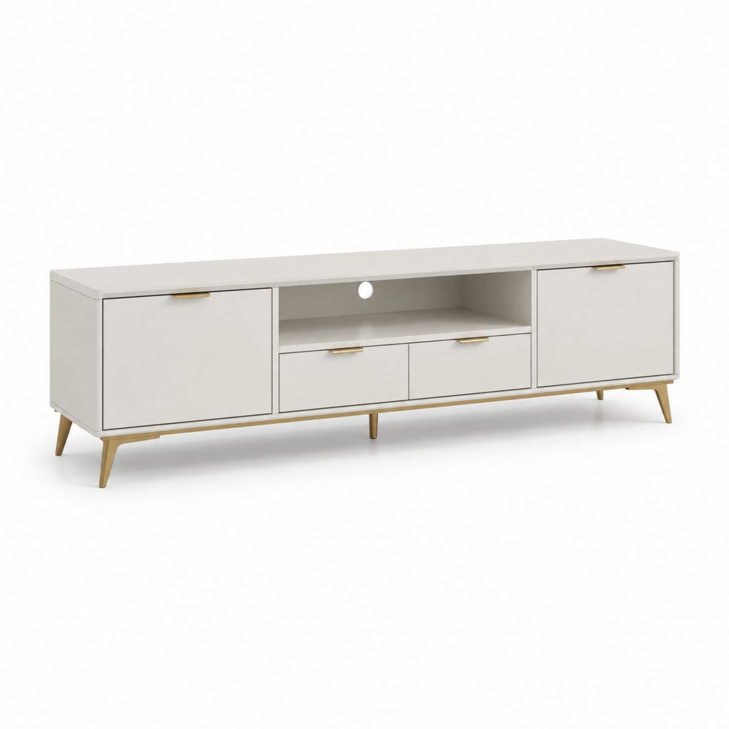 Mobile TV bas rectangulaire en MDF laqué avec 2 portes, 2 tiroirs, compartiment ouvert et passe-cables, tourterelle et or, 180 × 40 × 60 cm