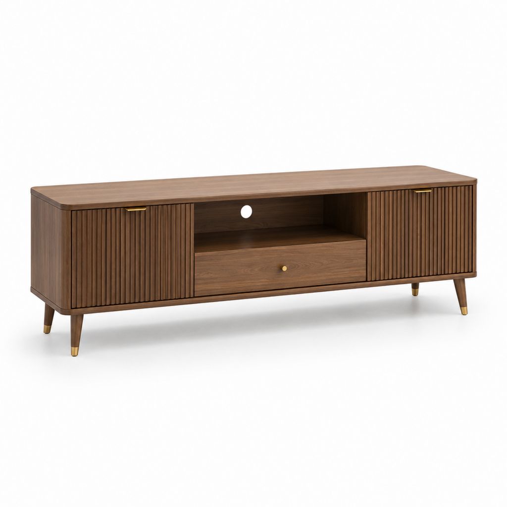 Mobile TV rectangulaire en bois et métal, brun noyer et laiton, avec 2 portes, 1 tiroir, compartiment ouvert et passe-cables, 160 × 40 × 55 cm