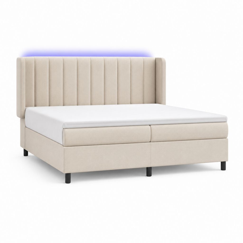 Lit boxspring double beige en tissu avec matelas, topper et tête de lit LED, surface de repos 160 × 200 cm, dimensions 176 × 210 × 120 cm