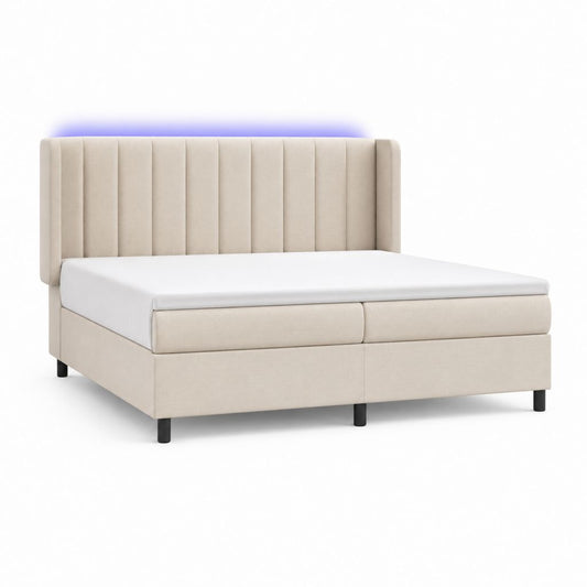 Lit boxspring double beige en tissu avec matelas, topper et tête de lit LED, surface de repos 160 × 200 cm, dimensions 176 × 210 × 120 cm