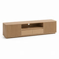 Mobile TV basse en MDF effet chêne naturel avec 2 portes, 2 tiroirs et compartiment ouvert, 180 × 40 × 55 cm