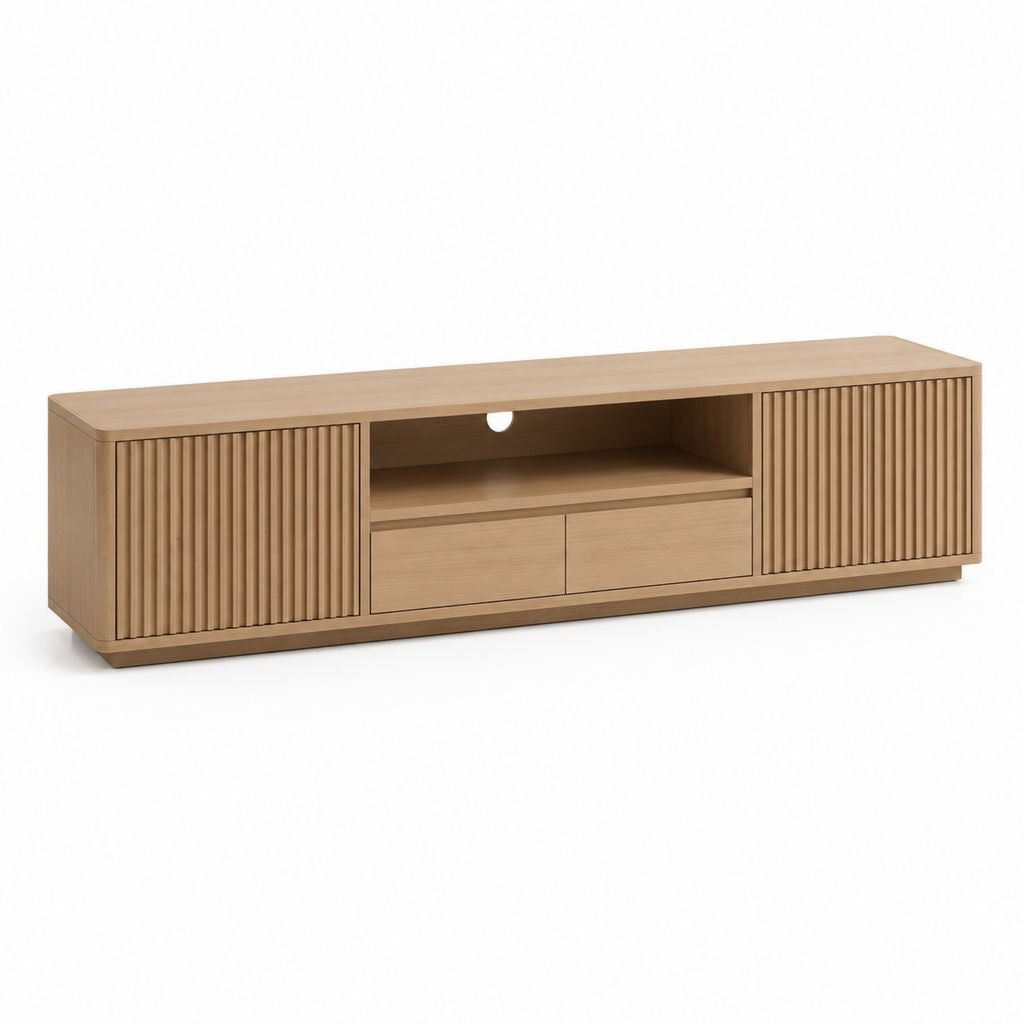 Mobile TV basse en MDF effet chêne naturel avec 2 portes, 2 tiroirs et compartiment ouvert, 180 × 40 × 55 cm