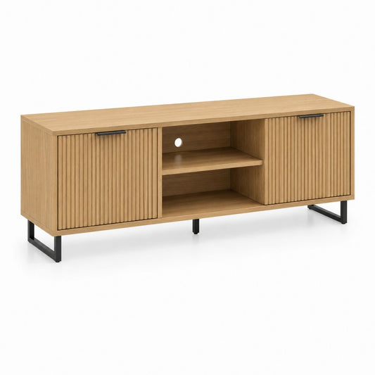 Mobile TV en bois et métal avec 2 portes rainurées et 2 compartiments ouverts, chêne naturel et noir, 160 × 40 × 60 cm