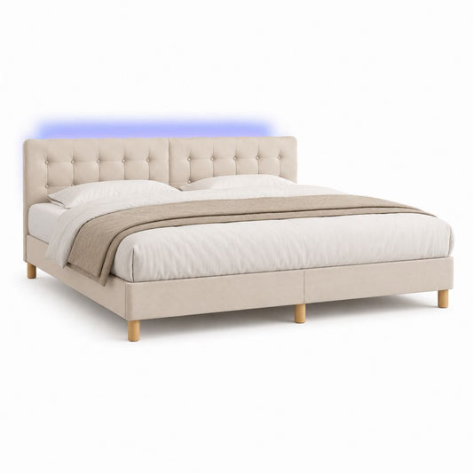 Lit double rembourré beige 188 × 215 × 105 cm pour matelas 180 × 200 cm, tête de lit matelassée, pieds en bois et LED bleue