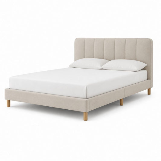 Lit double rembourré 160 × 200 cm en tissu beige avec tête de lit et jambes en bois, 170 × 214 × 110 cm