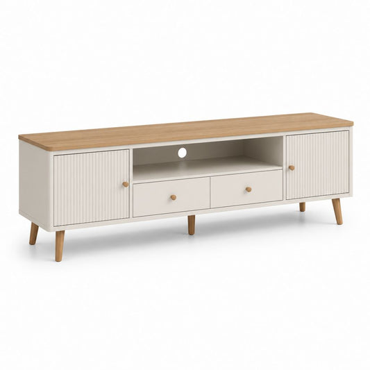 Mobile TV basse rectangulaire en MDF et bois massif beige et chêne naturel avec 2 portes, 2 tiroirs et compartiment ouvert, 160 × 40 × 58 cm