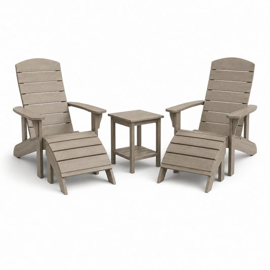 Ensemble de jardin 5 pièces en plastique gris taupe avec 2 chaises Adirondack 74 × 91 × 103 cm, 2 repose-pieds 52 × 52 × 35 cm et table basse 38 × 38 × 46 cm