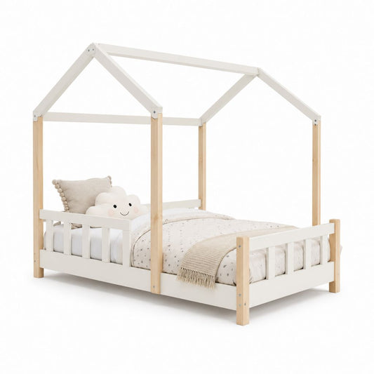 Lit simple pour enfants en bois blanc et naturel avec berges antichute, pour matelas 90 × 190 cm, 198 × 98 × 175 cm