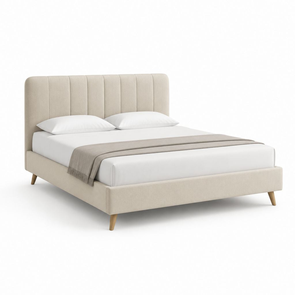 Lit double rembourré beige et bois naturel 170 × 215 × 105 cm, pour matelas 160 × 200 cm, avec tête rainurée et jambes en bois