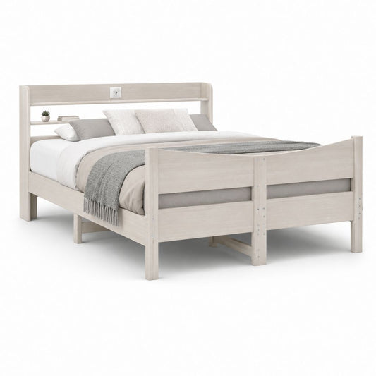Structure lit double relevé 160 × 200 cm en bois massif blanc décapé avec tête à étagère et prise intégrée