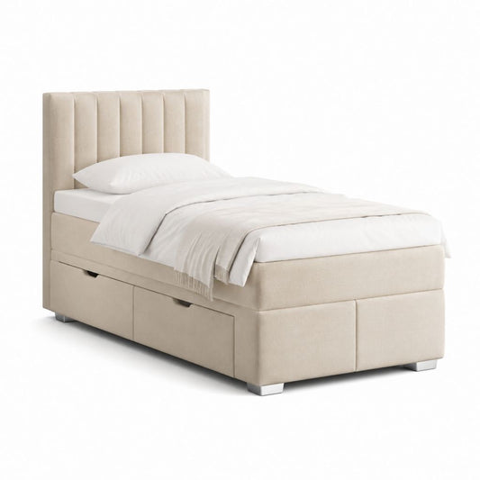 Lit simple 90 × 200 cm beige avec tête de lit rembourrée, revêtement en tissu et 2 tiroirs