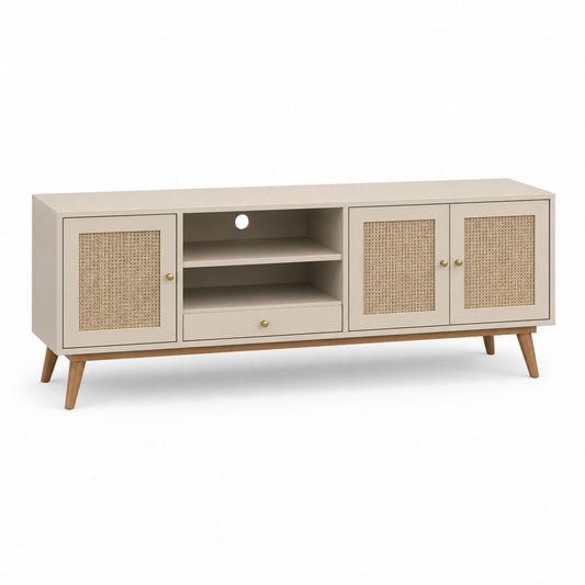 Mobile TV rectangulaire en MDF et rotan beige tourterelle avec 3 portes et 1 tiroir, 160 × 40 × 65 cm
