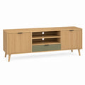 Mobile TV rectangulaire en bois avec 2 portes, 1 tiroir et 2 compartiments ouverts, chêne naturel et vert olive, 160 × 40 × 65 cm