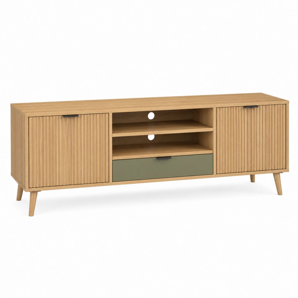 Mobile TV rectangulaire en bois avec 2 portes, 1 tiroir et 2 compartiments ouverts, chêne naturel et vert olive, 160 × 40 × 65 cm