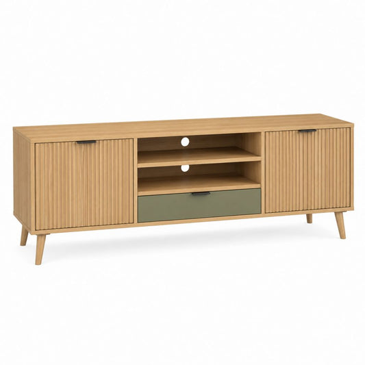 Mobile TV rectangulaire en bois avec 2 portes, 1 tiroir et 2 compartiments ouverts, chêne naturel et vert olive, 160 × 40 × 65 cm