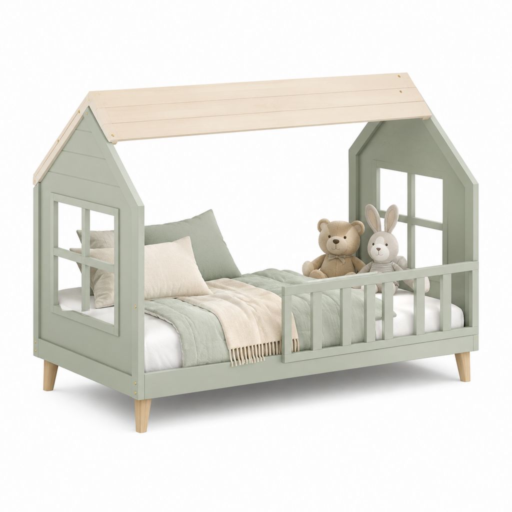 Lit pour enfants en bois avec rive, vert sauge et naturel, pour matelas 90 × 190 cm, dimensions 199 × 98 × 160 cm