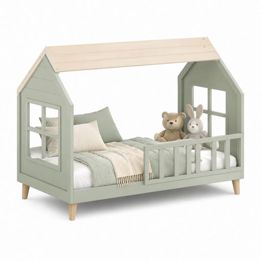 Lit pour enfants en bois avec rive, vert sauge et naturel, pour matelas 90 × 190 cm, dimensions 199 × 98 × 160 cm