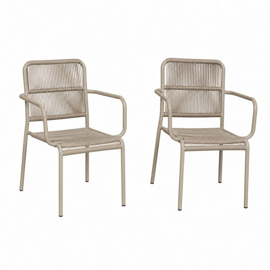 Ensemble de 2 chaises de jardin empilables avec accoudoirs en acier et corde synthétique tourterelle, 57 × 60 × 83 cm