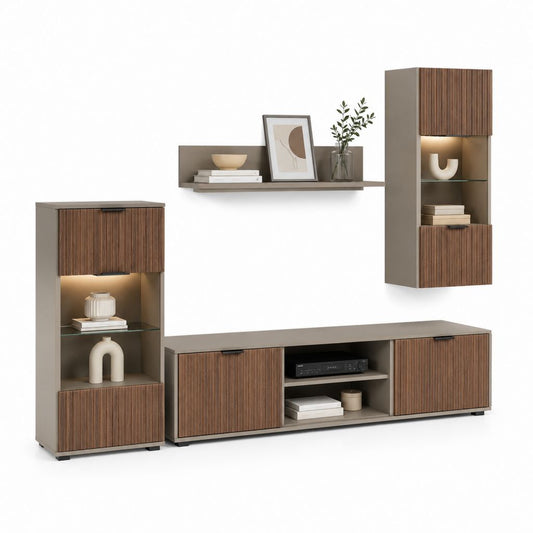 Mur équipé de 4 pièces en mélaminé et MDF, tourterelle et noyer foncé, 300 × 40 × 200 cm