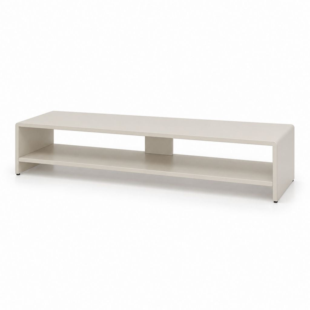 Mobile TV basse en acier beige tourterelle avec plateau ouvert, 160 × 40 × 40 cm