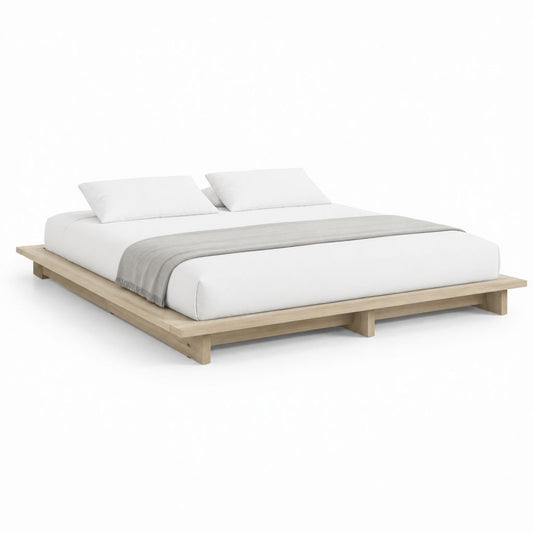 Lit double bas en chêne massif naturel, 220 × 220 × 20 cm, pour matelas 180 × 200 cm