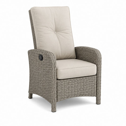 Fauteuil inclinable d'extérieur en rotin avec coussins en tissu, tourterelle et beige, 68 × 85 × 106 cm