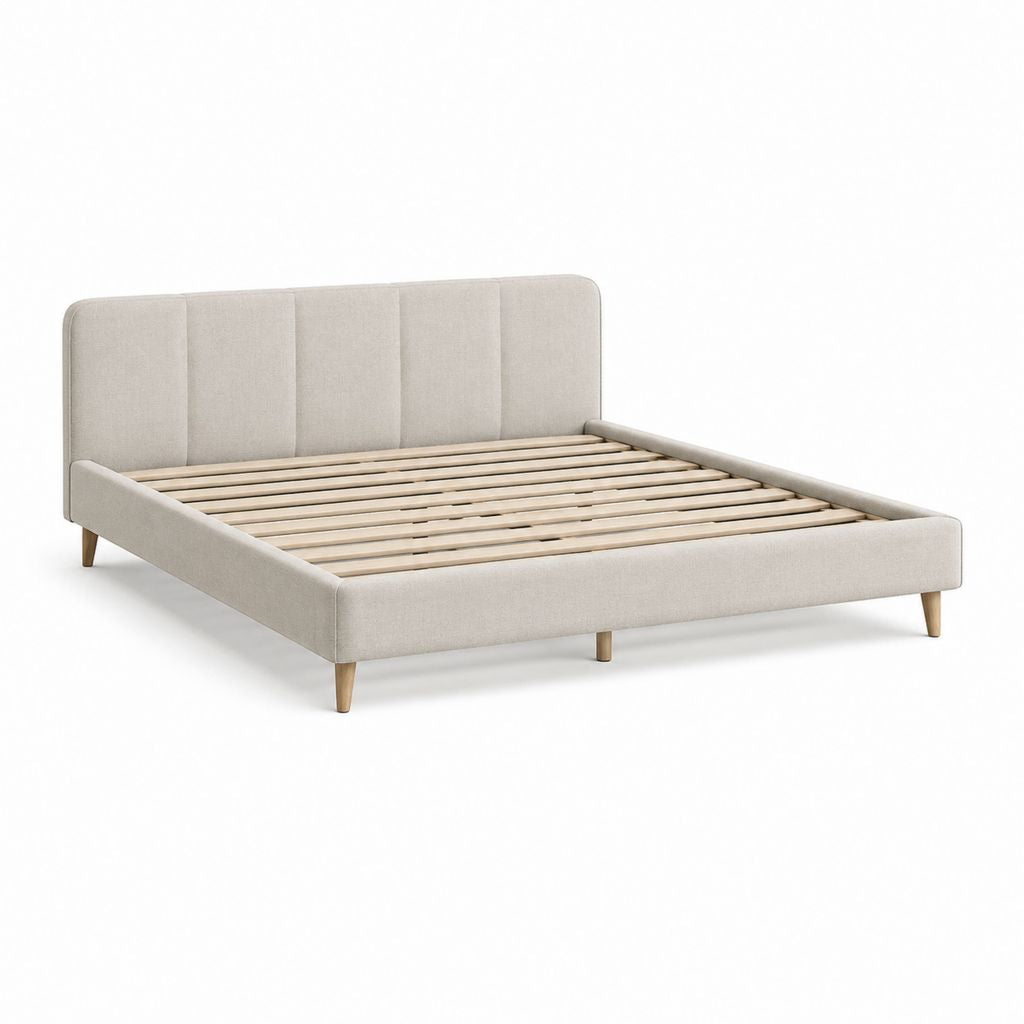 Lit double rembourré en polyester beige avec sommier à lattes, pour matelas 160 × 200 cm, 216 × 171 × 110 cm