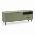Mobile porte TV rectangulaire en MDF vert olive avec 2 portes, 2 tiroirs et compartiment ouvert, 160 × 40 × 70 cm