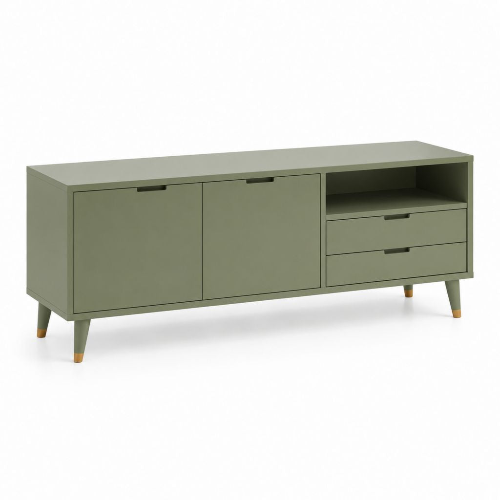 Mobile porte TV rectangulaire en MDF vert olive avec 2 portes, 2 tiroirs et compartiment ouvert, 160 × 40 × 70 cm