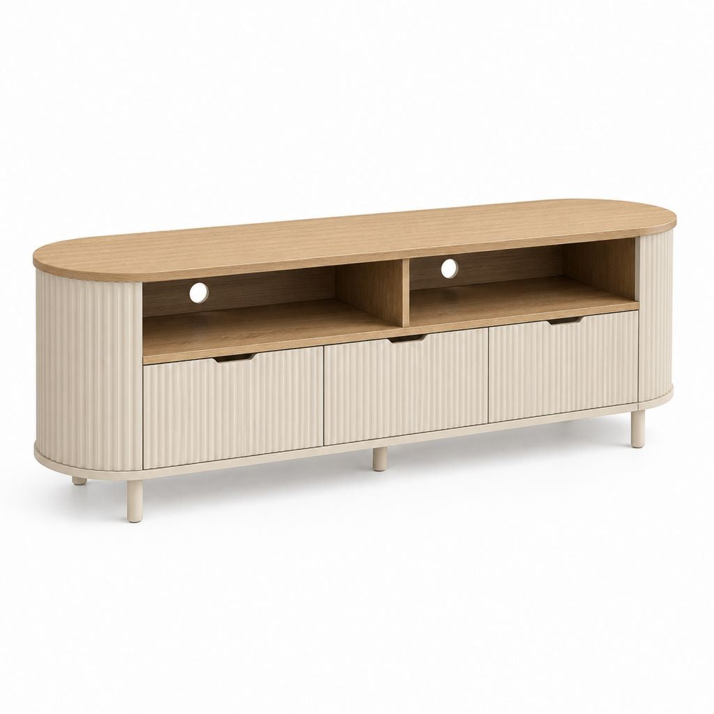 Meuble TV basse en MDF et maquillage beige et chêne naturel, 160 × 40 × 60 cm, avec 3 tiroirs, 2 compartiments ouverts et passe-cables