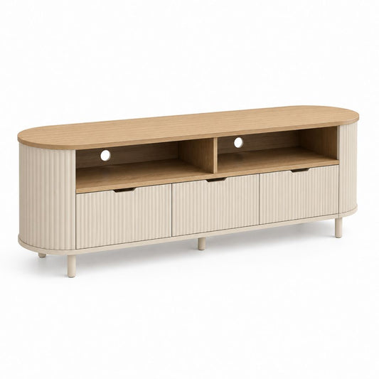 Meuble TV basse en MDF et maquillage beige et chêne naturel, 160 × 40 × 60 cm, avec 3 tiroirs, 2 compartiments ouverts et passe-cables