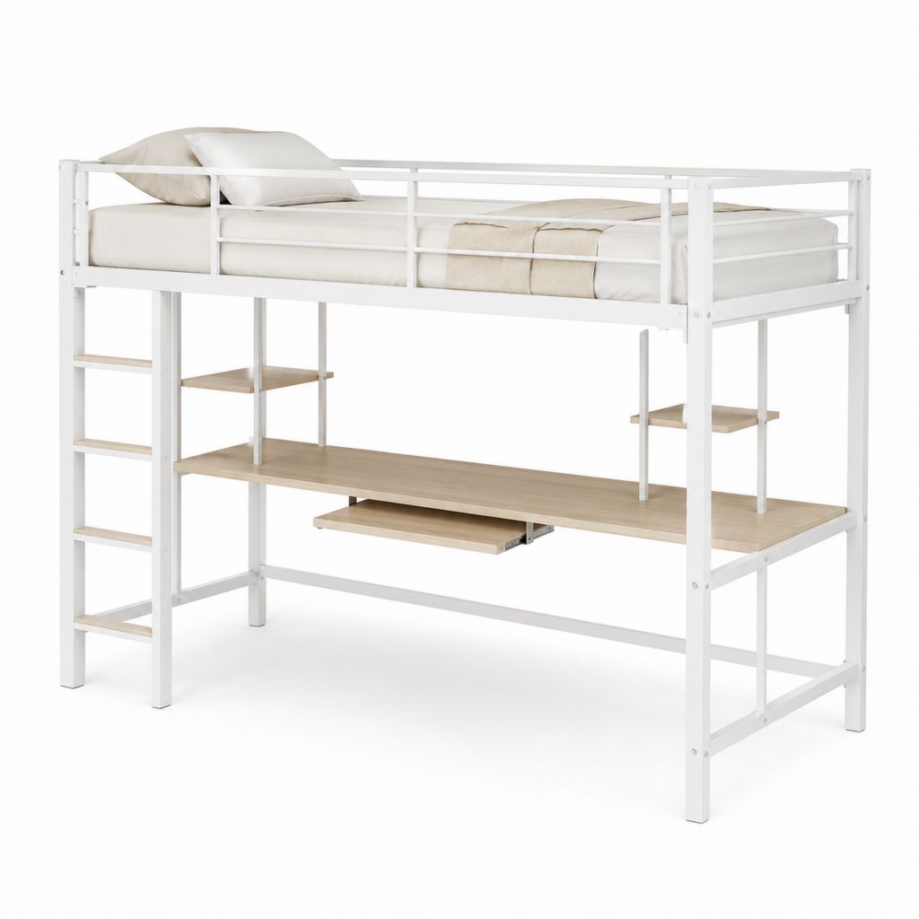 Lit mezzanine simple en acier avec bureau et étagères en panneau melaminique, 205 × 96 × 180 cm, pour matelas 90 × 200 cm, blanc et chêne clair
