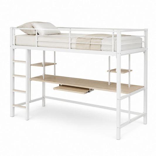Lit mezzanine simple en acier avec bureau et étagères en panneau melaminique, 205 × 96 × 180 cm, pour matelas 90 × 200 cm, blanc et chêne clair